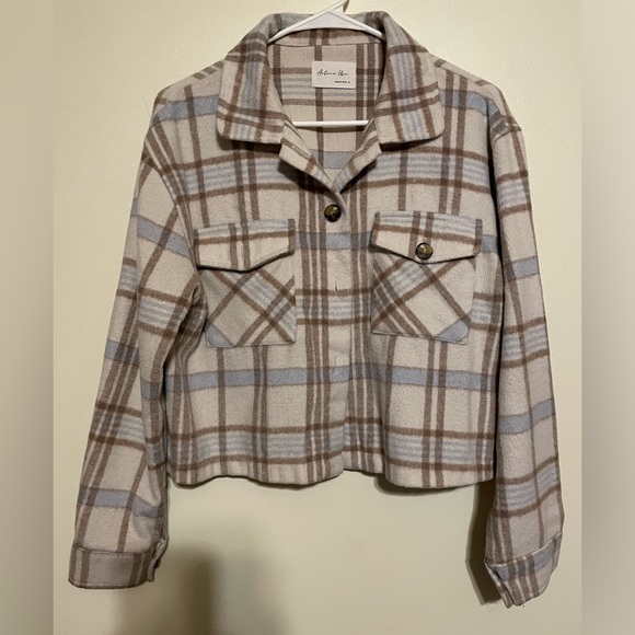 Tan plaid peacoat jacket waist length - Picture 1 of 3